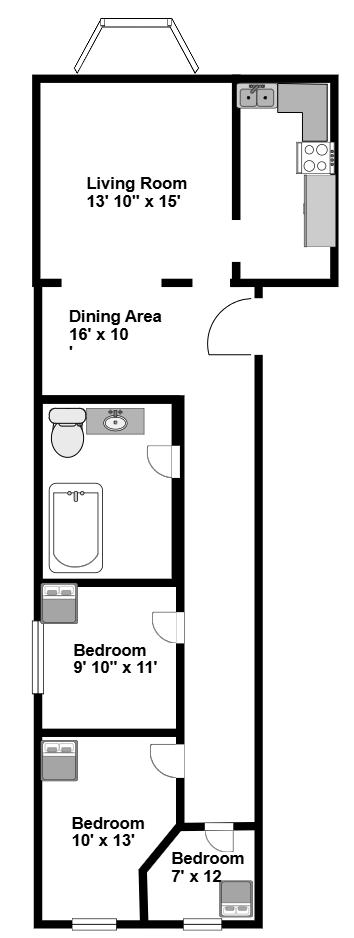 Floor plan for 3 beds, 1 bath, 1237 sqft